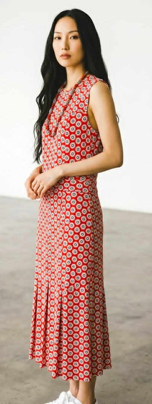 Tory Burch Red Daisy Print Midi Dress XS TP 100% Viscose Pleated Back Authentic
